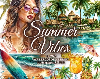 78 Watercolor Summer Clipart Bundle, Summer Png, Summer Beach Clipart, Summer Fruits, Ocean, Surf Board, Summer Girls Sailing Resorts Travel