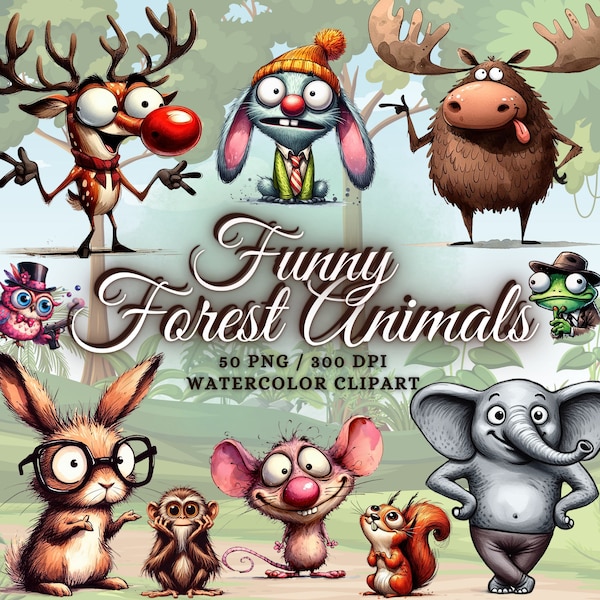 50 Mignons et drôles animaux des bois Clipart Bundle, Funny Forest Animals Clipart, Cute Funny Animals Png Aquarelle Animaux Sublimation Designs