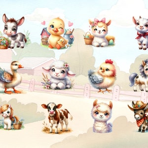 May include: A collection of cute animal illustrations featuring a duck, a lamb, a chick, a donkey, a goat, a llama, a pony, a cow, and a horse. The animals are all cartoon-like and have big eyes and friendly expressions.