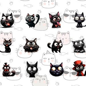 K&ouml;nnte beinhalten: Ein nahtloses Muster mit schwarzen Comic-Katzen mit verschiedenen Gesichtsausdr&uuml;cken und Accessoires auf wei&szlig;em Hintergrund mit grauen Pfotenabdr&uuml;cken und Fischen.