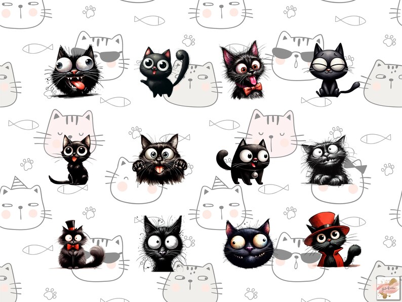 K&ouml;nnte beinhalten: Ein nahtloses Muster mit schwarzen Comic-Katzen mit verschiedenen Gesichtsausdr&uuml;cken und Accessoires auf wei&szlig;em Hintergrund mit grauen Pfotenabdr&uuml;cken und Fischen.