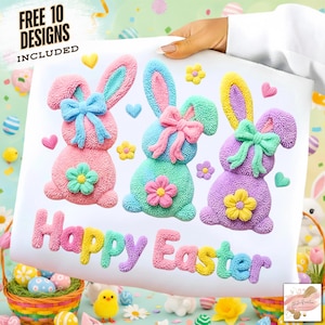Puede incluir: Una hoja blanca con tres diseños de conejitos en colores pastel con lazos y detalles florales, junto con el texto "Happy Easter". La hoja está decorada con corazones y flores, perfecta para Pascua.