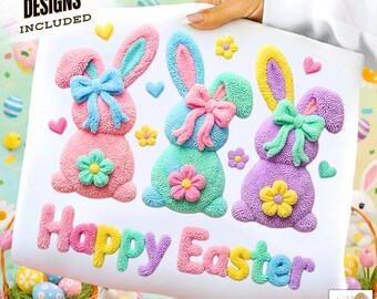 Crochet Latch Hook Easter Bunny Png, Faux Yarn Happy Easter Png,  Coquette Bow Bunny Png, Preppy Easter Png, Faux Embroidery Easter Png