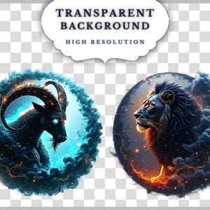 May include: Digital art featuring a black goat with glowing blue eyes and a lion with a fiery mane, each within a circular frame of swirling clouds and sparks. The image includes the text "TRANSPARENT BACKGROUND" and "HIGH RESOLUTION".