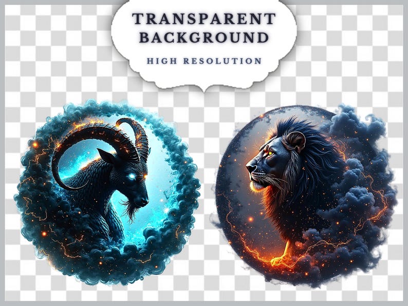May include: Digital art featuring a black goat with glowing blue eyes and a lion with a fiery mane, each within a circular frame of swirling clouds and sparks. The image includes the text "TRANSPARENT BACKGROUND" and "HIGH RESOLUTION".