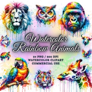 54 Pacote de clipart de animais arco-íris em aquarela, pacote de clipart de animais coloridos, pacote de animais arco-íris Png, pacote de sublimação de animais Png