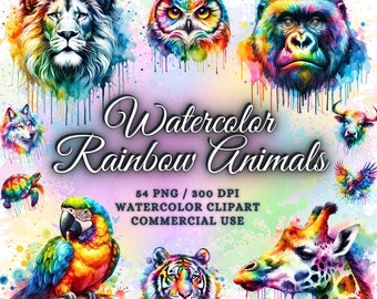 54 Watercolor Rainbow Animals Clipart Bundle, Colorful Animals Clipart Bundle, Rainbow Animal Png Bundle, Animal Sublimation Png Bundle