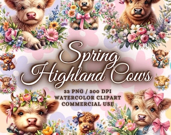 May include: A set of 33 digital watercolor clipart images of Highland cows with spring flowers. The cows are wearing floral crowns and bows. The text "Spring Highland Cows" is written in brown cursive font. The text "33 PNG / 300 DPI WATERCOLOR CLIPART COMMERCIAL USE" is written in black font.