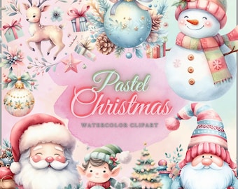 Pastel Christmas Watercolor Clipart Bundle (54 PNG)