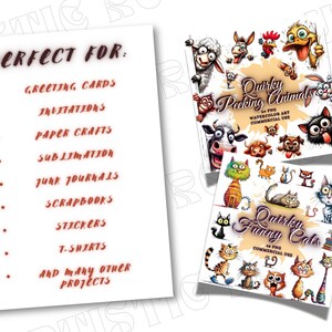 Puede incluir: Dos impresiones de arte digital. Una presenta animales asom&aacute;ndose extravagantes, la otra gatos divertidos y extravagantes. Una lista a la izquierda dice "Perfecto para" tarjetas de felicitaci&oacute;n, invitaciones, manualidades en papel, sublimaci&oacute;n, diarios basura, &aacute;lbumes de recortes, pegatinas y camisetas.