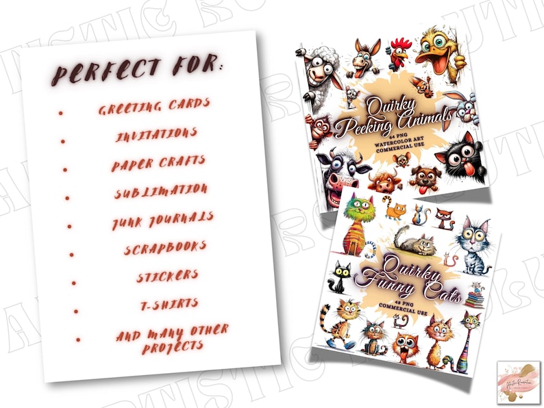 Puede incluir: Dos impresiones de arte digital. Una presenta animales asom&aacute;ndose extravagantes, la otra gatos divertidos y extravagantes. Una lista a la izquierda dice "Perfecto para" tarjetas de felicitaci&oacute;n, invitaciones, manualidades en papel, sublimaci&oacute;n, diarios basura, &aacute;lbumes de recortes, pegatinas y camisetas.