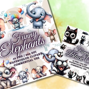 May include: Two digital art prints featuring cartoon animals. One print showcases various elephants with the text "Funny Elephants." The other print displays black cats with the text "Funny Black Cats." Both prints are labeled as watercolor clipart.