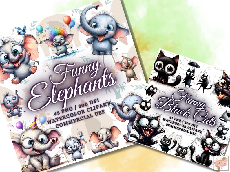 May include: Two digital art prints featuring cartoon animals. One print showcases various elephants with the text "Funny Elephants." The other print displays black cats with the text "Funny Black Cats." Both prints are labeled as watercolor clipart.