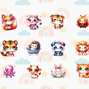 Op de afbeelding: Een digitale illustratie van schattige cartoondieren met regenboogaccenten. De dieren omvatten een vos, een koe, een tijger, een lieveheersbeestje, een egel, een panda, een leeuw, een octopus, een konijn en een kat.