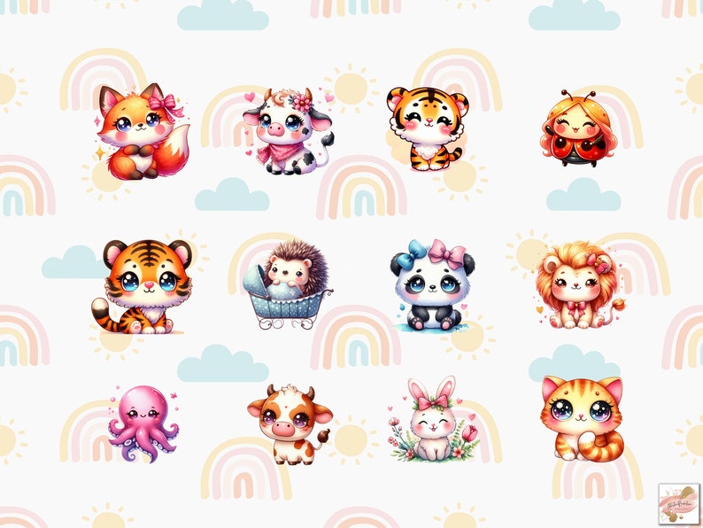 Op de afbeelding: Een digitale illustratie van schattige cartoondieren met regenboogaccenten. De dieren omvatten een vos, een koe, een tijger, een lieveheersbeestje, een egel, een panda, een leeuw, een octopus, een konijn en een kat.