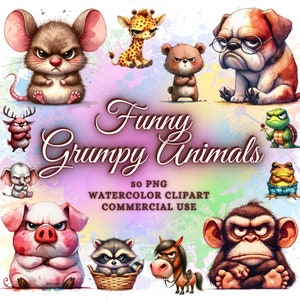 Lot de cliparts aquarelle drôles d'animaux grincheux, lot de bébés animaux rigolos au format PNG, animaux de safari rigolos, animaux de la forêt, animaux de la ferme chiens, chats
