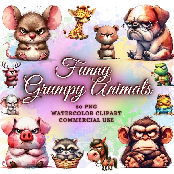 Lustiges Aquarell-Grumpy-Tiere-Clipart-Bundle, lustige Babytiere-Png-Bundle, lustige Safaritiere, Waldtiere, Nutztiere, Hunde und Katzen