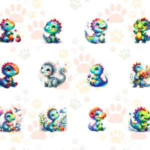 Puede incluir: Nueve dinosaurios de dibujos animados coloridos con diferentes expresiones y accesorios. Los dinosaurios est&aacute;n sobre un fondo blanco con huellas de patas rosas.