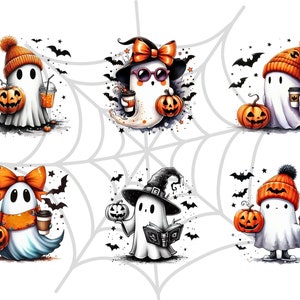 May include: Watercolor illustrations of cute Halloween ghosts. Each ghost is depicted with a pumpkin, wearing accessories like hats and bows, and holding beverages. Black bats and a spiderweb design are in the background.