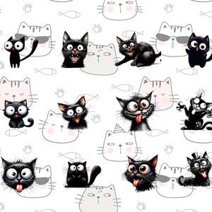 K&ouml;nnte beinhalten: Ein wei&szlig;er Hintergrund mit einem sich wiederholenden Muster aus schwarzen Katzen mit verschiedenen Gesichtsausdr&uuml;cken. Einige Katzen tragen Sonnenbrillen, H&uuml;te oder haben die Zunge herausgestreckt. Es gibt auch kleine graue Katzenk&ouml;pfe und Fischumrisse im Muster.
