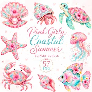 May include: A digital clipart bundle featuring watercolor illustrations of sea creatures including a shell with a pearl, a hermit crab, a sea turtle, a starfish, a jellyfish, a crab, and a fish, all decorated with pink hibiscus flowers.