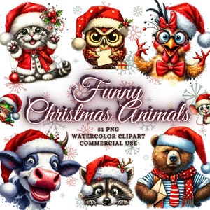 Pacote de clipart de animais engraçados de Natal, pacote de animais fofos de Natal festivos em PNG, clipart de Natal em PNG designs de sublimação de animais de Natal