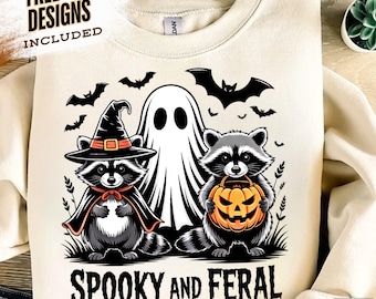 Retro Spooky And Feral Raccoon Png, Halloween Raccoon Png, Creepy Cute Raccoon Ghost Png, Feral Girl Shirt Design, Halloween Mama Shirt Png