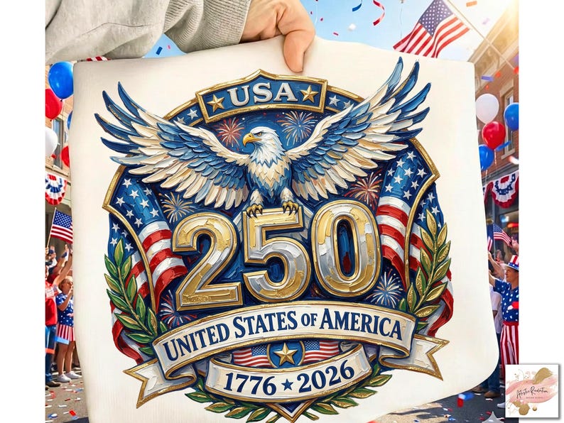 以下が含まれることがあります： 金色のワシが描かれた愛国的なデザインで、「USA 250 UNITED STATES OF AMERICA 1776-2026」の文字が赤、白、青で書かれています。デザインは人が持ち上げており、背景にはアメリカの国旗やお祝いの飾りがあります。