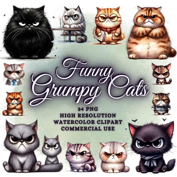 Funny Grumpy Cats Clipart Bundle, Cute Funny Cat Png Bundle, Watercolor Cats Clipart Png, Angry Cats Png Funny Cats Sublimation Png, Cat Png