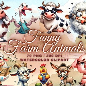 May include: A set of 70 watercolour clipart images featuring funny farm animals. The animals include a cow, a goose, a sheep, a rooster, a pig, a donkey, and a goat. The animals are all wearing funny expressions and some are wearing glasses. The images are perfect for adding a touch of whimsy to your projects.