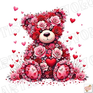 Rosa Blumen Valentinstag Bär Png, Aquarell Sublimation Png für T-Shirt Becher Bär mit Herz Png Liebe Png Valentinstag Clipart Png