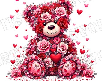 Pink Floral Valentine's Day Bear Png, Watercolor Sublimation Png for T-Shirt Mug Bear With Heart Png Love Png Valentines Day Clipart Png