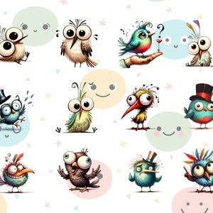 Puede incluir: Una colecci&oacute;n de p&aacute;jaros de dibujos animados caprichosos con ojos grandes y rasgos expresivos. Los p&aacute;jaros est&aacute;n en varias poses, algunos con sombreros, sobre un fondo de c&iacute;rculos y estrellas de colores pastel. El dise&ntilde;o es l&uacute;dico y apto para ni&ntilde;os.