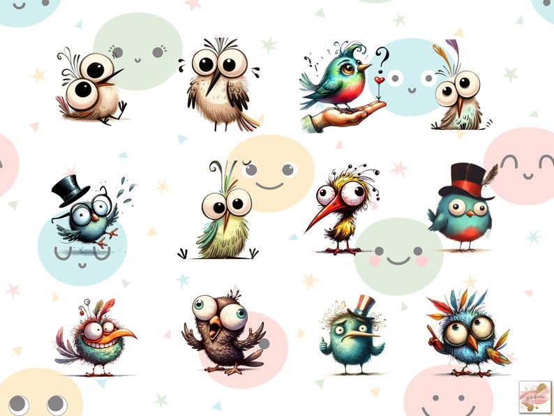Puede incluir: Una colecci&oacute;n de p&aacute;jaros de dibujos animados caprichosos con ojos grandes y rasgos expresivos. Los p&aacute;jaros est&aacute;n en varias poses, algunos con sombreros, sobre un fondo de c&iacute;rculos y estrellas de colores pastel. El dise&ntilde;o es l&uacute;dico y apto para ni&ntilde;os.
