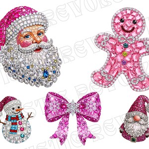Puede incluir: Ilustraciones navide&ntilde;as que incluyen a Pap&aacute; Noel, un hombre de jengibre, un mu&ntilde;eco de nieve, un lazo y un gnomo. Cada figura est&aacute; adornada con cristales rosas, blancos y azules brillantes, creando una est&eacute;tica festiva y glamurosa.