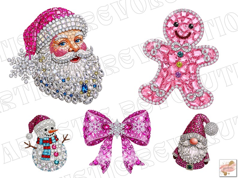 Puede incluir: Ilustraciones navide&ntilde;as que incluyen a Pap&aacute; Noel, un hombre de jengibre, un mu&ntilde;eco de nieve, un lazo y un gnomo. Cada figura est&aacute; adornada con cristales rosas, blancos y azules brillantes, creando una est&eacute;tica festiva y glamurosa.