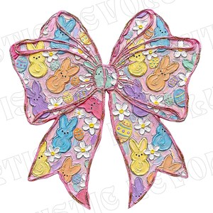 May include: A large, decorative bow with a pink background and a pattern of Easter-themed elements. The bow features yellow, orange, blue, and purple bunnies, decorated eggs, and white flowers. The edges are outlined in gold.