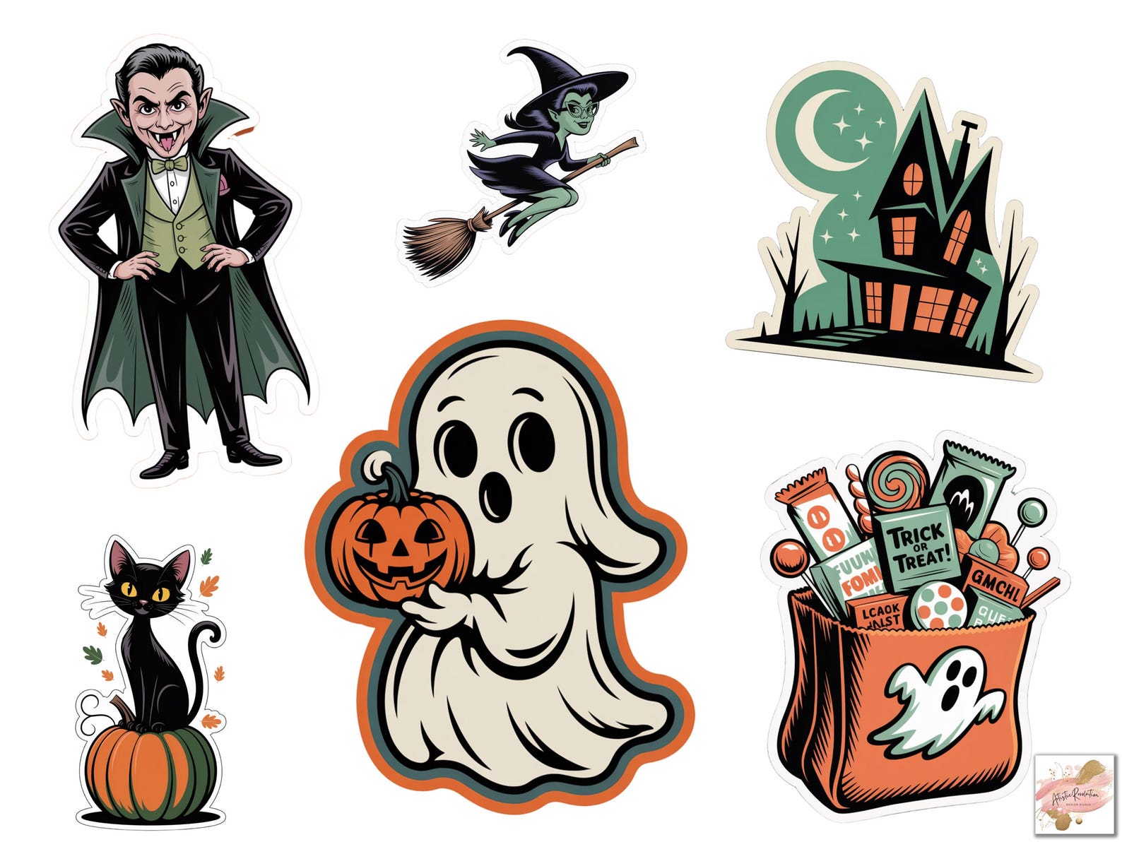 65 Vintage Halloween Stickers Clipart Bundle, Cute Halloween PNG Bundle ...