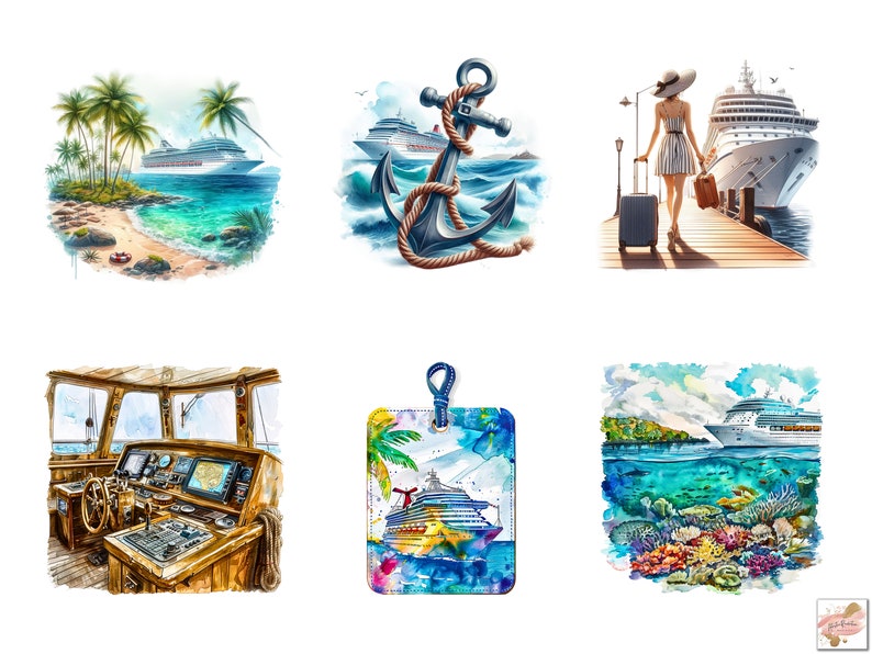 May include: Watercolor illustrations of cruise ship travel. Scenes include a tropical beach with a cruise ship, a nautical anchor with rope, a person with luggage on a pier, a ship's bridge, a cruise ship luggage tag, and an underwater coral reef scene.