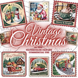 Vintage Christmas Stamps Png Bundle, Vintage Christmas Clipart Bundle Retro Santa Snowman Christmas Tree Merry Christmas Sublimation Designs