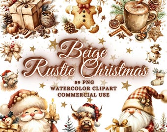 May include: Beige and brown watercolour Christmas clip art set with 59 PNG images for commercial use. The set includes a gingerbread man, a snowman, a Santa Claus, a gnome, a highland cow, a mug of hot chocolate, a gift box, and other festive elements.