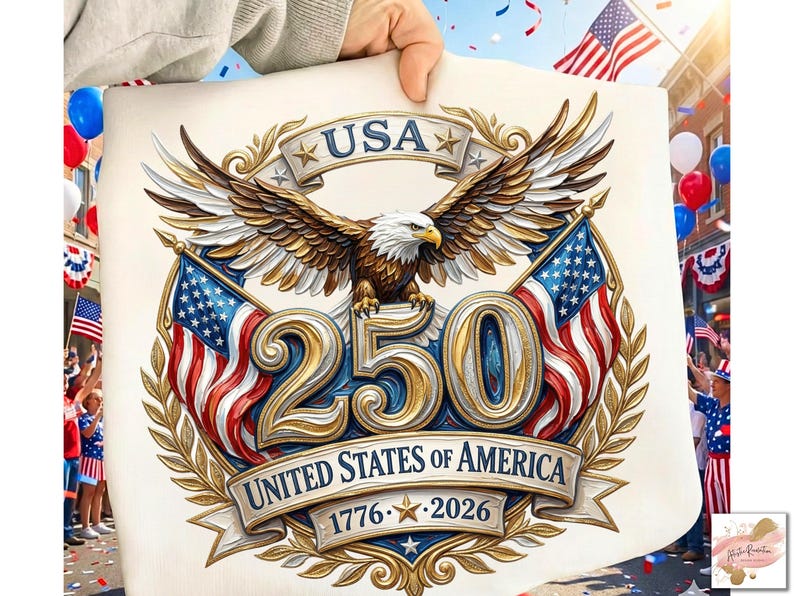 以下が含まれることがあります： アメリカの国旗とテキスト「USA 250 UNITED STATES OF AMERICA 1776-2026」が描かれた、白頭ワシが特徴の愛国的なデザイン。赤、白、青の色使いで、アメリカ合衆国の記念日を祝っています。