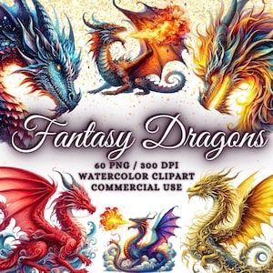 Lot de 60 cliparts aquarelle dragons fantastiques, aquarelle dragons cliparts Png, Fantasy Dragons Png Bundle, Donjon Dragons, Dragons chinois