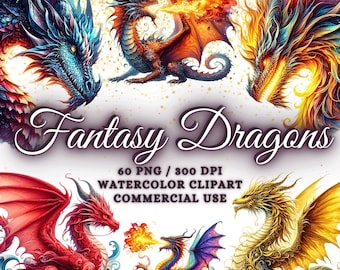 60 Watercolor Fantasy Dragons Clipart Bundle, Watercolor Dragons Clipart Png, Fantasy Dragons Png Bundle, Dungeon Dragons, Chinese Dragons
