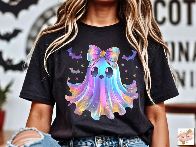 Puede incluir: Camiseta negra con un dise&ntilde;o de fantasma colorido, un gran lazo, murci&eacute;lagos y estrellas. El fantasma tiene una expresi&oacute;n linda y est&aacute; representado en tonos de azul, morado y amarillo. Un dise&ntilde;o divertido y caprichoso para Halloween.