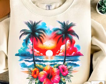 Summer Png, Beach Png, Palm Trees Png, Hibiscus Flowers Png, Beach Sunset Png, Sublimation Design, T-Shirt Design, Tropical Png, Summer DTF