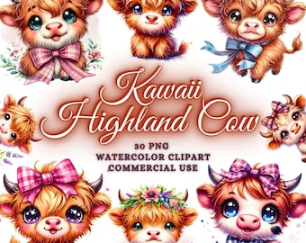 Kawaii akvarell höglandskor Clipart-paket, söt baby höglandsko Png-paket, barnkammarko Clipart, baby höglandsko Clipart, rolig ko