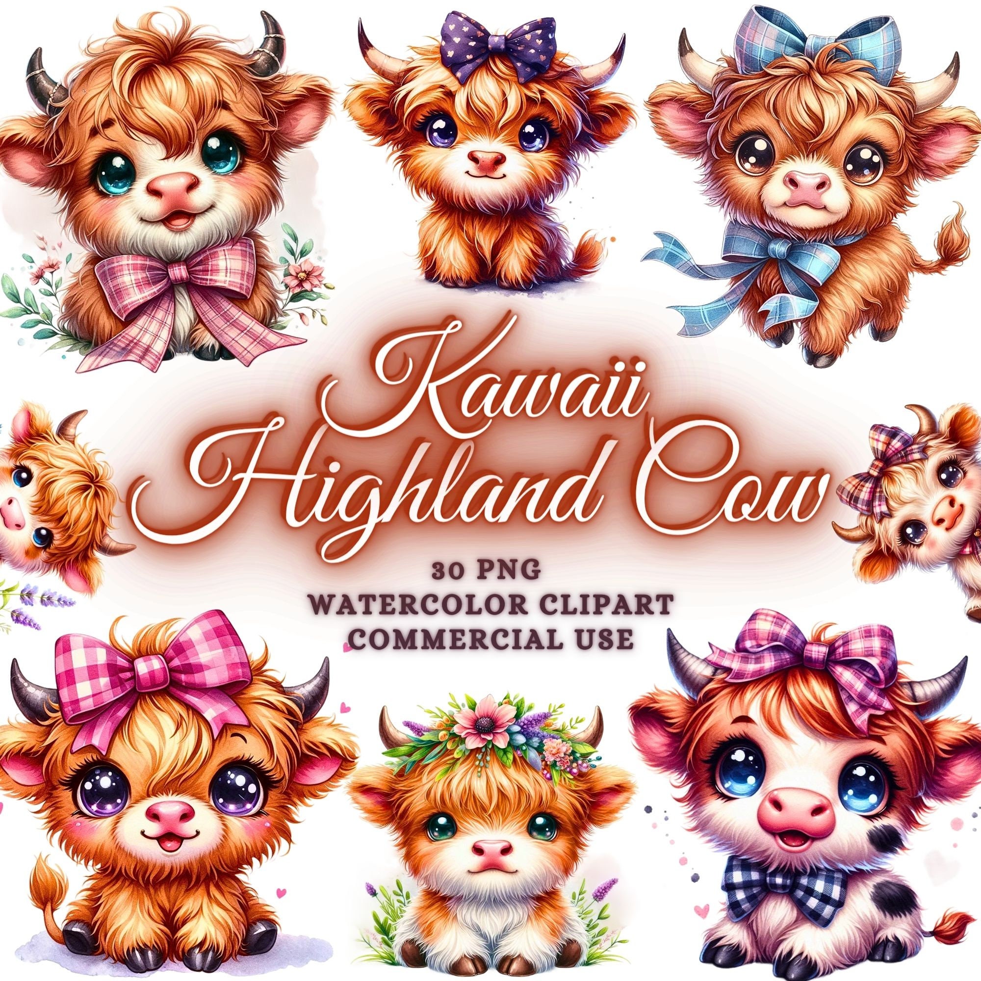 Kawaii Aquarell Highland Kühe, süßes Baby Highland Kuh Png Bundle, Kindergarten Kuh Clipart, Baby Highland Kuh Clipart, lustige Kuh