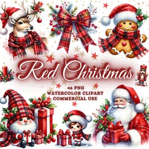 Paquete de 46 imágenes prediseñadas navideñas rojas Paquete de imágenes prediseñadas navideñas retro rojas en acuarela Diseño de sublimación navideña vibrante Papá Noel Reno Muñecos de nieve Pan de jengibre