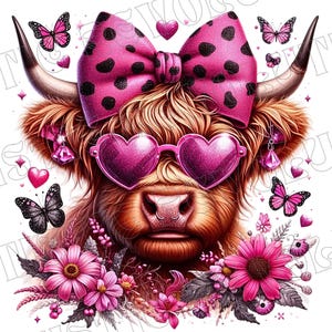May include: A Highland cow with pink polka dot bow, pink heart-shaped sunglasses, and a floral crown. The cow is brown and white with a fluffy mane.